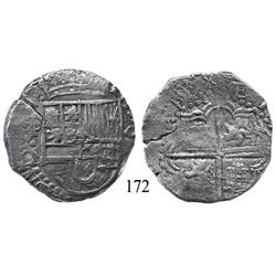 Potosí, Bolivia, cob 8 reales, Philip III, P-•/C-Q (unique), Grade 2.