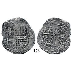 Potosí, Bolivia, cob 8 reales, 1620T, mintmark q/P, date at 5 o'clock, Grade 1.