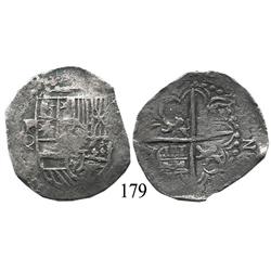 Potosí, Bolivia, cob 4 reales, Philip III, P-Q, quadrants of cross transposed (rare for this assayer