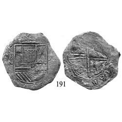 Cartagena, Colombia, cob 8 reales, Philip IV, RN to left, A to right (1622), very rare.