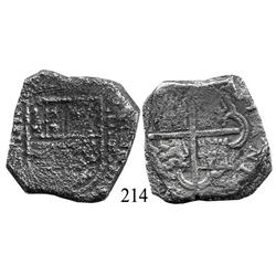 Cartagena, Colombia, cob 8 reales, Philip IV, C-E to right (early 1630s), rare.