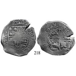 Potosí, Bolivia, cob 8 reales, 1649O, with pentagonal crowned-1652 countermark (rare) on cross.