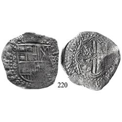 Potosí, Bolivia, cob 8 reales, 1650O, with crowned-L countermark on cross.