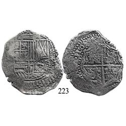 Potosí, Bolivia, cob 8 reales, 1651E, with crowned-•F• countermark (4-dot variety) on shield.