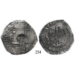 Potosí, Bolivia, cob 8 reales, 1651E, with crowned-•F• (4-dot variety) countermark on shield.