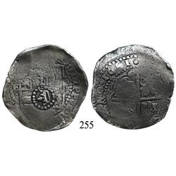 Potosí, Bolivia, cob 8 reales, 1651E, with common crown-alone countermark on shield.