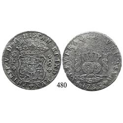 Mexico City, Mexico, pillar 8 reales, Philip V, 1733F, mintmark M•X, very rare.