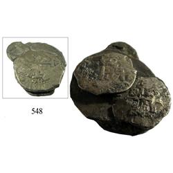 Cluster of 5 silver cobs: two 8R (including a Lima, Peru, 8 reales, 1698H), two 2R and one ½R.