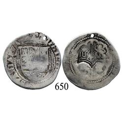 Lima, Peru, cob 2 reales, Philip II, P-X to right, with Guatemala crown countermark of 1663 on cross