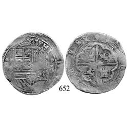 Lima, Peru, cob 8 reales, Philip II, assayer Diego de la Torre, *-8 to left, P-oD to right.