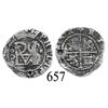 Image 1 : Lima, Peru, cob ½ real, Philip II, assayer Diego de la Torre, oD to left, * to right.