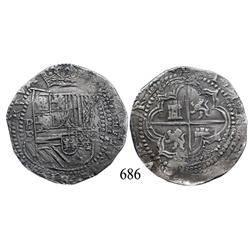 Potosí, Bolivia, cob 8 reales, Philip II, P-B (3rd period).