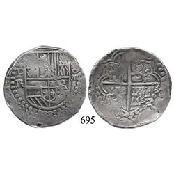 Potosí, Bolivia, cob 8 reales, Philip III, P-R (curved leg).