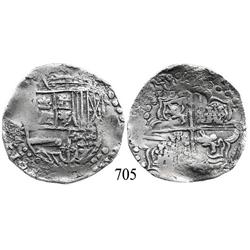 Potosí, Bolivia, cob 8 reales, Philip IV, P-T (early to mid-1620s), quadrants of cross transposed.