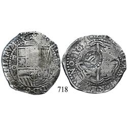 Potosí, Bolivia, cob 8 reales, 1651O, with crowned-L countermark on cross.