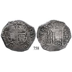 Potosí, Bolivia, cob 8 reales, 1667E, Charles II, unique error with O/L in king's name.