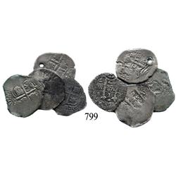 Lot of 4 Potosí, Bolivia, cob 1 reales of Philip IV: 1655E (2), 1657E, and date not visible.