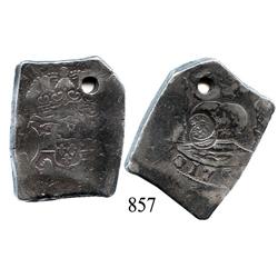 Guatemala City, Guatemala, cob 8 reales, 1751J, with sun-over-mountains countermark (Guatemala, Type