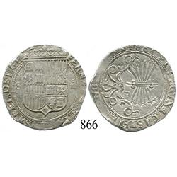 Seville, Spain, 4 reales, Ferdinand-Isabel, assayer Gothic P in middle of reverse.