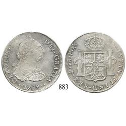 Potosí, Bolivia, bust 8 reales, Charles IV transitional (bust of Charles III, ordinal IV), 1789PR.