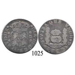 Guatemala City, Guatemala, pillar 2 reales, Charles III, 1765P, very rare.