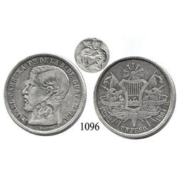 Guatemala City, Guatemala, peso, 1864R, with unidentified crowned-bull(?) countermark on neck.