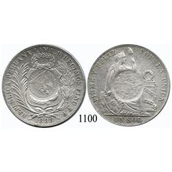 Guatemala City, Guatemala, peso, 1894 counterstamp on Lima, Peru, sol of 1888TF.