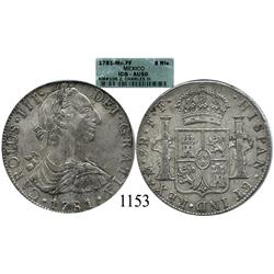 Mexico City, Mexico, bust 8 reales, Charles III, 1781FF, encapsulated ICG-AU50.