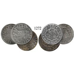 Lot of 3 Spanish milled 2 reales "pistareens" of Philip V: Madrid, 1717J; Seville, 1721J and 1723J.