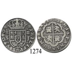 Seville, Spain, milled 2 reales "pistareen," Philip V, 1725J.