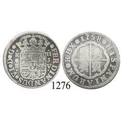 Seville, Spain, milled 2 reales "pistareen," Ferdinand VI, 1758JV.