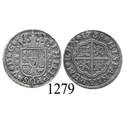 Seville, Spain, milled 1 real "half pistareen," Philip V, 1738PJ.