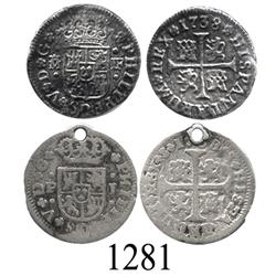 Lot of 2 Spanish milled ½ real "quarter pistareens" of Philip V: Madrid, 1738PJ; Seville, 1738JF.