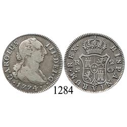 Seville, Spain, bust 2 reales, Charles III, 1774CF.