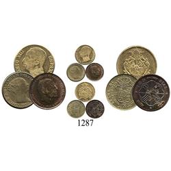 Lot of 3 Spanish miniature replicas: 1850 Isabel II 20 reales in brass, 1930 Alfonso XIII fantasy in