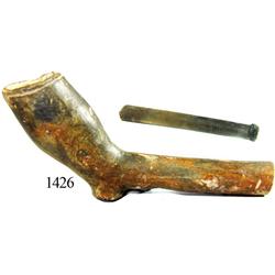 Brown clay pipe bowl and stem (2 pieces).