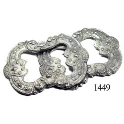 Lot of 2 large, ornate pewter buckles.