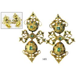 Pair of gold filigree/emerald earrings.