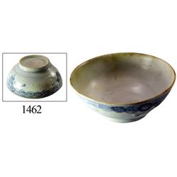 Chinese blue-on-white porcelain rice bowl, swirled design.