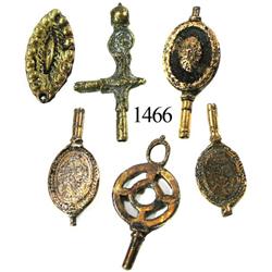 Lot of 6 cuprous watch keys and fobs.