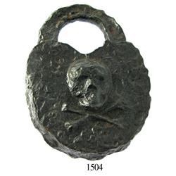 Iron padlock with skull-and-crossbones design, probably modern and fanciful but clearly corroded fro