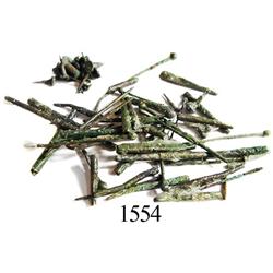 Lot of many copper needles, pins, tacks and shoe-string tips known as aglets.