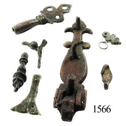 Lot of 8 miscellaneous bronze items, including a key and large latch.