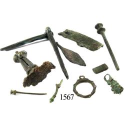 Lot of 10 miscellaneous bronze items, including a spur and a hinged latch.