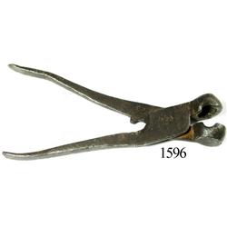 Iron pistol-ball pliers (smaller and rarer than musketball pliers), probably British, ca. 1680.