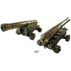 Small, solid-brass miniature cannon and carriage, 1800s.