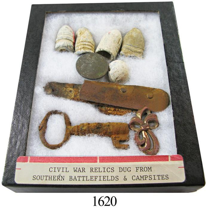 Relic Display Boxes Lot of small Civil War relics in Riker display box.