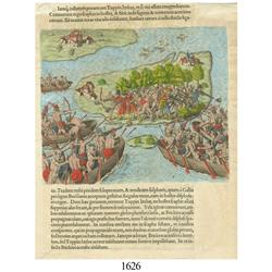 Hand-colored engraving by Theodor DeBry, 1592, depicting conflict with natives in Brazil.