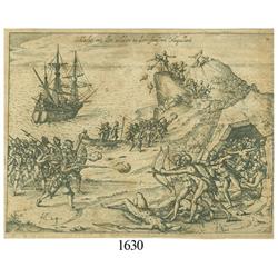 Ca.-1655 German wood-cut engraving showing a battle with natives in the Straits of Magellan.