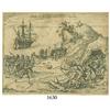 Image 1 : Ca.-1655 German wood-cut engraving showing a battle with natives in the Straits of Magellan.